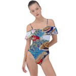 Birds Peacock Artistic Colorful Flower Painting Frill Detail One Piece Swimsuit