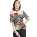 Birds Peacock Artistic Colorful Flower Painting Frill Neck Blouse