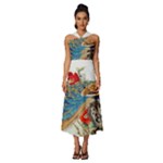 Birds Peacock Artistic Colorful Flower Painting Sleeveless Cross Front Cocktail Midi Chiffon Dress