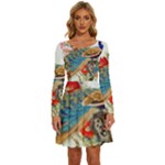 Birds Peacock Artistic Colorful Flower Painting Long Sleeve Wide Neck Velvet Dress