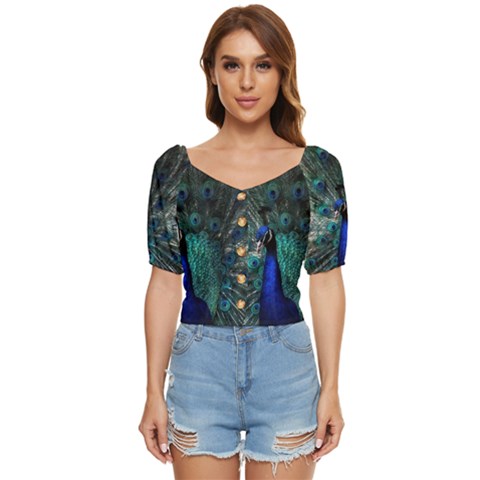 Blue And Green Peacock Button Up Blouse by Sarkoni