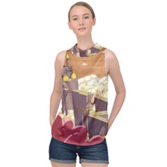 Animated Castle Illustration Adventure Time Cartoon Nature High Neck Satin Top by Sarkoni