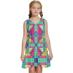Checkerboard Squares Abstract Texture Patterns Kids  Sleeveless Tiered Mini Dress by Apen