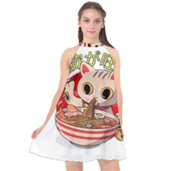 Ramen Cat Noodles Cute Japanes Halter Neckline Chiffon Dress  by Modalart