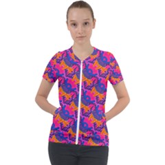 Purple Blue Abstract Pattern Short Sleeve Zip Up Jacket