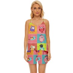 Owls Pattern Abstract Art Desenho Vector Cartoon V-neck Satin Pajamas Set by Bedest