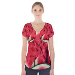 Watermelon Fruit Green Red Short Sleeve Front Detail Top by Bedest