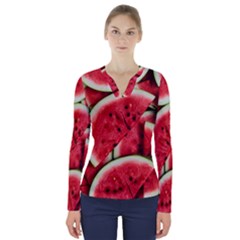 Watermelon Fruit Green Red V-neck Long Sleeve Top by Bedest