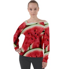 Watermelon Fruit Green Red Off Shoulder Long Sleeve Velour Top by Bedest