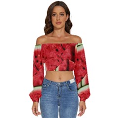 Watermelon Fruit Green Red Long Sleeve Crinkled Weave Crop Top by Bedest