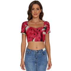 Watermelon Fruit Green Red Short Sleeve Square Neckline Crop Top  by Bedest