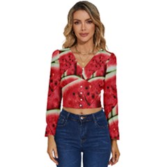 Watermelon Fruit Green Red Long Sleeve V-neck Top by Bedest