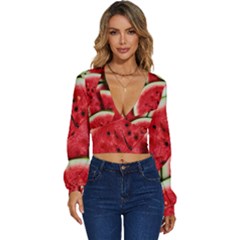 Watermelon Fruit Green Red Long Sleeve Deep-v Velour Top by Bedest