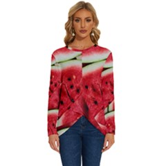 Watermelon Fruit Green Red Long Sleeve Crew Neck Pullover Top by Bedest
