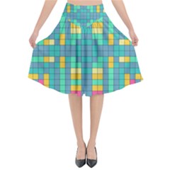 Checkerboard Squares Abstract Art Flared Midi Skirt