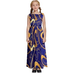 Squiggly Lines Blue Ombre Kids  Satin Sleeveless Maxi Dress by Ravend