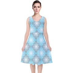 White Light Blue Gray Tile V-neck Midi Sleeveless Dress 