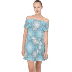 White Light Blue Gray Tile Off Shoulder Chiffon Dress