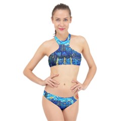 Starry Night Van Gogh Painting Art City Scape High Neck Bikini Set by Modalart