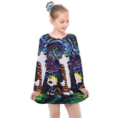 Cartoon Art Starry Night Van Gogh Kids  Long Sleeve Dress