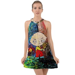 Cartoon Starry Night Vincent Van Gogh Halter Tie Back Chiffon Dress