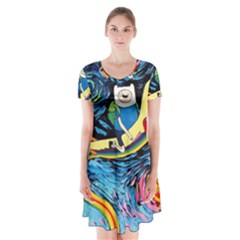 Adventure Time Art Starry Night Van Gogh Short Sleeve V-neck Flare Dress by Modalart