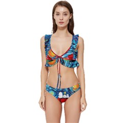 Red House Dog Cartoon Starry Night Low Cut Ruffle Edge Bikini Set by Modalart