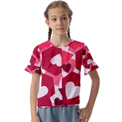 Pink Hearts Pattern Love Shape Kids  Cuff Sleeve Scrunch Bottom T-shirt