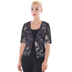 Grunge Seamless Pattern With Skulls Cropped Button Cardigan by Bedest