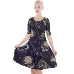 Grunge Seamless Pattern With Skulls Quarter Sleeve A-line Dress