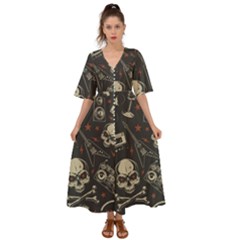 Grunge Seamless Pattern With Skulls Kimono Sleeve Boho Dress by Bedest