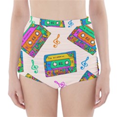 Seamless Pattern With Colorful Cassettes Hippie Style Doodle Musical Texture Wrapping Fabric Vector High-waisted Bikini Bottoms