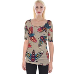 Tattoos Colorful Seamless Pattern Wide Neckline T-shirt