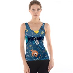 Seamless Pattern Vector Submarine With Sea Animals Cartoon Women s Basic Tank Top