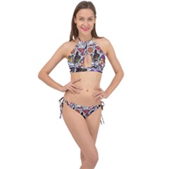 Vintage College Colorful Seamless Pattern Cross Front Halter Bikini Set