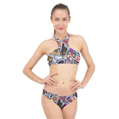 Vintage College Colorful Seamless Pattern High Neck Bikini Set by Bedest