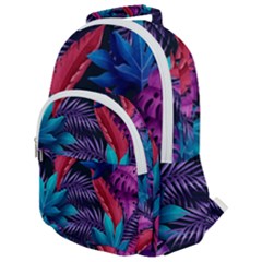 Background With Violet Blue Tropical Leaves Rounded Multi Pocket Backpack