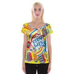 Colorful City Life Horizontal Seamless Pattern Urban City Cap Sleeve Top