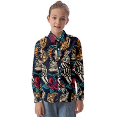 Vintage Art Tattoos Colorful Seamless Pattern Kids  Long Sleeve Shirt