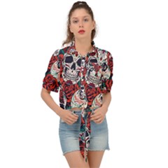 Vintage Day Dead Seamless Pattern Tie Front Shirt 