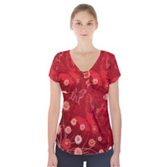 Four Red Butterflies With Flower Illustration Butterfly Flowers Short Sleeve Front Detail Top by Pakjumat