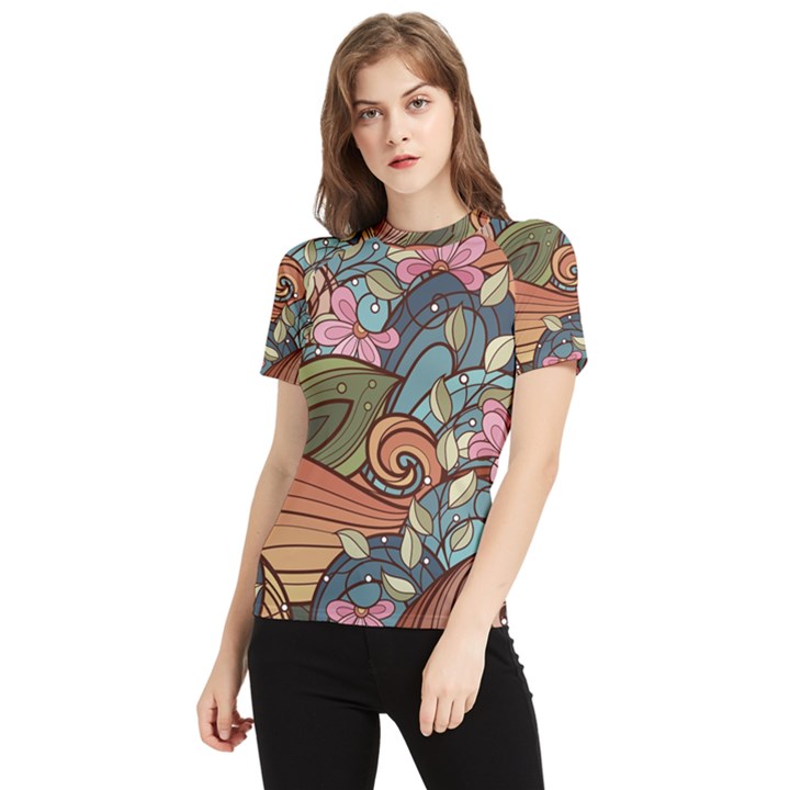 Multicolored Flower Decor Flowers Patterns Leaves Colorful Women s Short Sleeve Rash Guard