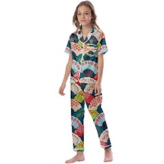 Japanese Fans Bright Pattern Kids  Satin Short Sleeve Pajamas Set by Pakjumat