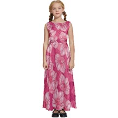 Cute Pink Sakura Flower Pattern Kids  Satin Sleeveless Maxi Dress by Pakjumat