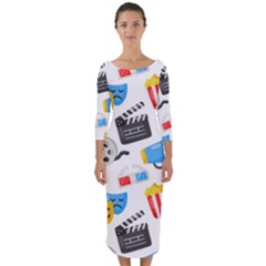 Cinema Icons Pattern Seamless Signs Symbols Collection Icon Quarter Sleeve Midi Bodycon Dress