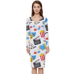 Cinema Icons Pattern Seamless Signs Symbols Collection Icon Long Sleeve V-neck Bodycon Dress 