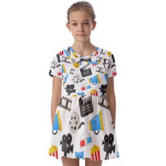 Cinema Icons Pattern Seamless Signs Symbols Collection Icon Kids  Short Sleeve Pinafore Style Dress