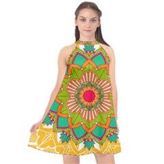 Mandala Patterns Yellow Halter Neckline Chiffon Dress 