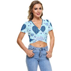 Hearts Pattern Paper Wallpaper Blue Background Short Sleeve Foldover T-shirt