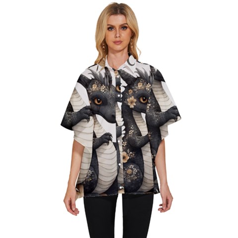 Cute Black Baby Dragon Flowers Painting (7) Women s Batwing Button Up Shirt by 1xmerch